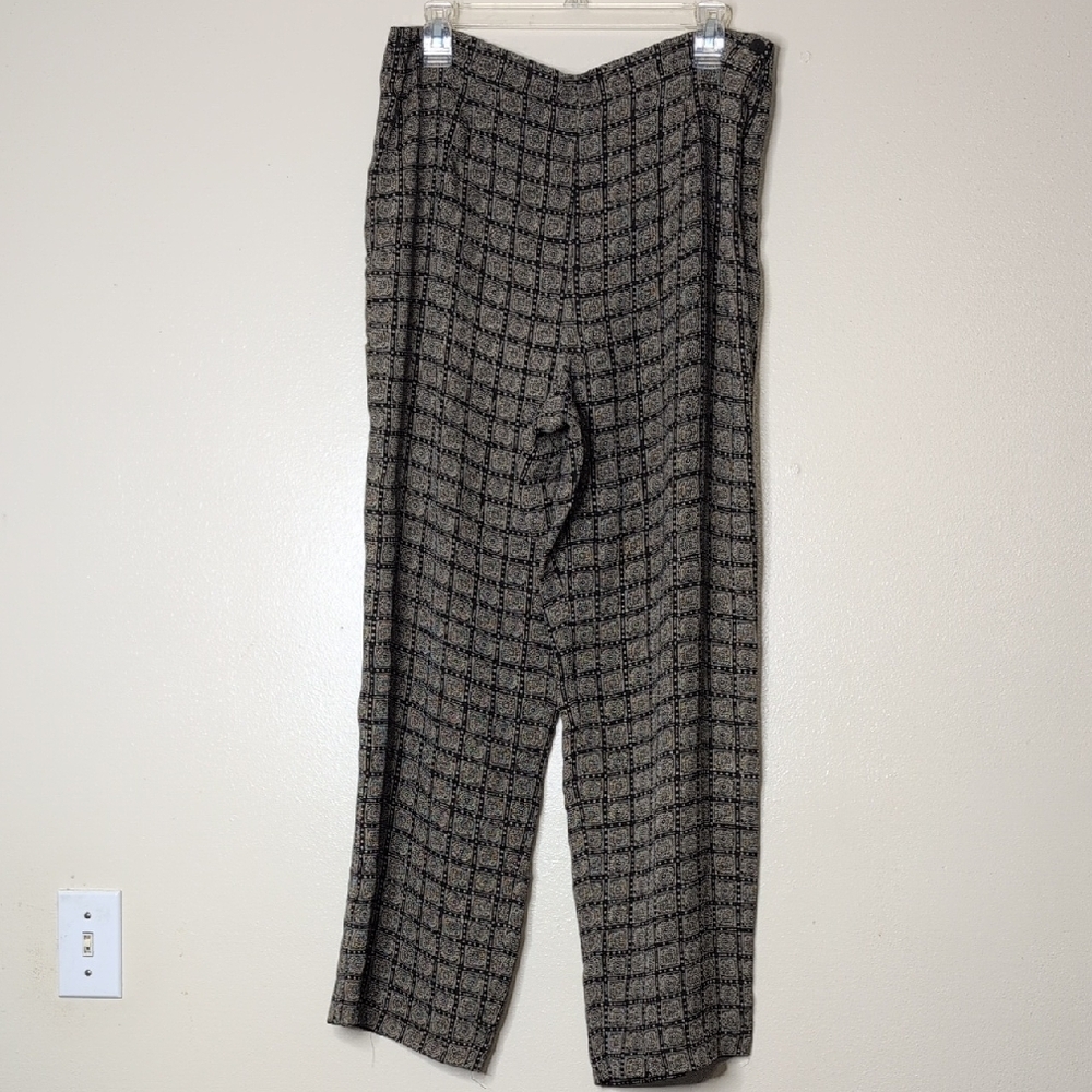 Talbots Pure Silk Trouser wide leg black tan print pants size 12p NWOT